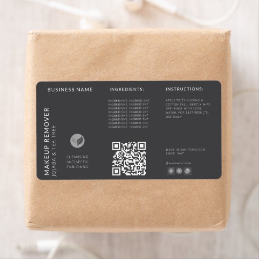 Modern Grijs QR Code Wraparound Fles Ingrediënt Etiket (Insitu)
