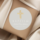 Modern grijs religieus kruis doopsel ronde sticker