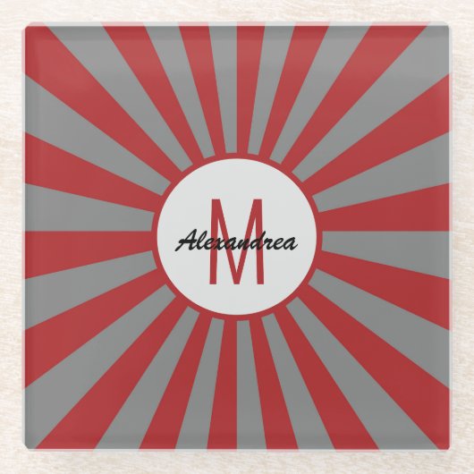 Modern grijs rood Initiaal monogram Glazen Onderzetter (Voorkant)
