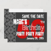 Modern grijs rood Save the Date 50th Birthday 45W Aankondigingskaart (Voorkant / Achterkant)