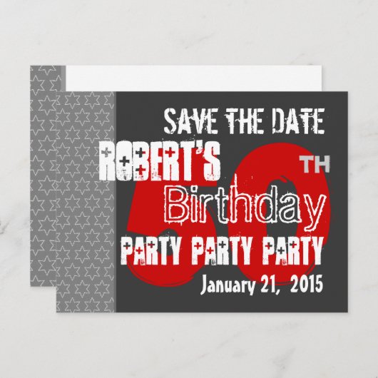 Modern grijs rood Save the Date 50th Birthday 46W Aankondigingskaart (Voorkant / Achterkant)