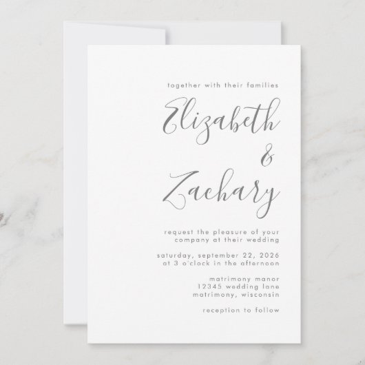 Modern grijs script wit bruiloft uitnodiging (Voorkant)