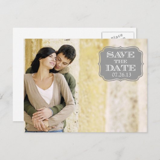 Modern Grijs Swirl Label Bewaar de datum fotokaart Aankondigingskaart (Voorkant / Achterkant)