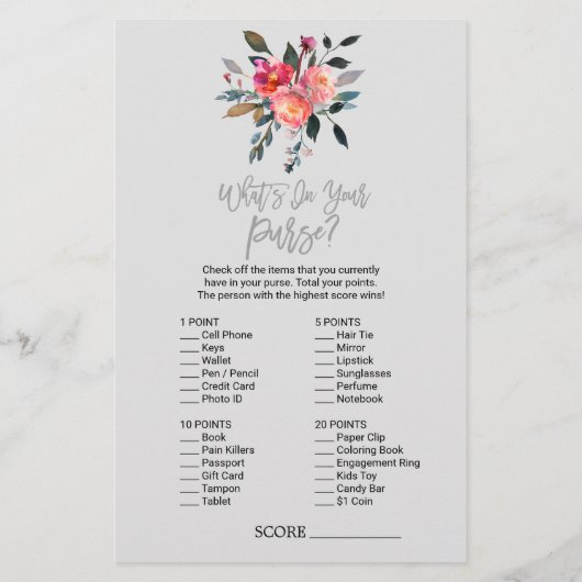 Modern grijs "Wat zit er in je tas" spel Flyer (Achterkant)