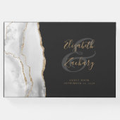 Modern grijs wit agaat goud script donker gastenboek (Voorkant)