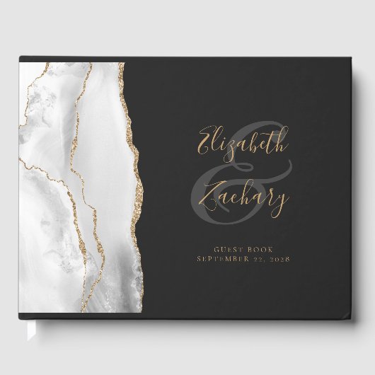 Modern grijs wit agaat goud script donker gastenboek (Voorkant)