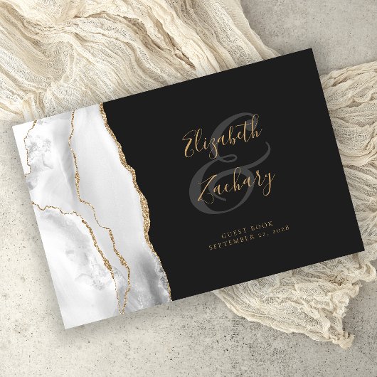 Modern grijs wit agaat goud script donker gastenboek