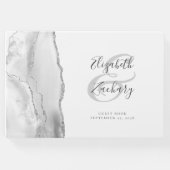 Modern grijs wit agaat zilver script gastenboek (Voorkant)