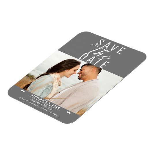 Modern Grijs & Wit Bewaar de datum Huwelijksfoto Magneet (Linkerzijde)