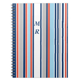 Modern Grijs Wit Blauw Rood Strepen Monogram Notitieboek