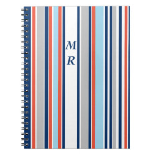 Modern Grijs Wit Blauw Rood Strepen Monogram Notitieboek