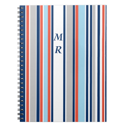 Modern Grijs Wit Blauw Rood Strepen Monogram Notitieboek (Voorkant)