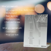 Modern grijs wit haar stylist prijslijst/menu reclamebord met voetstuk
