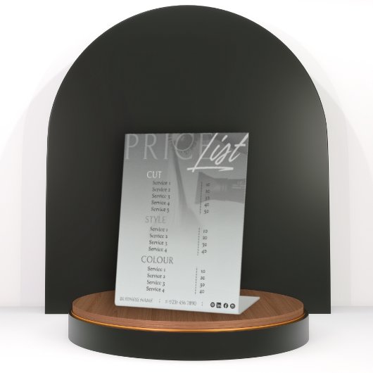 Modern grijs wit haar stylist prijslijst/menu reclamebord met voetstuk