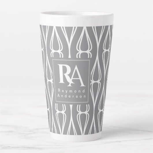 Modern grijs-wit patroon monogram latte mok (Voorkant)