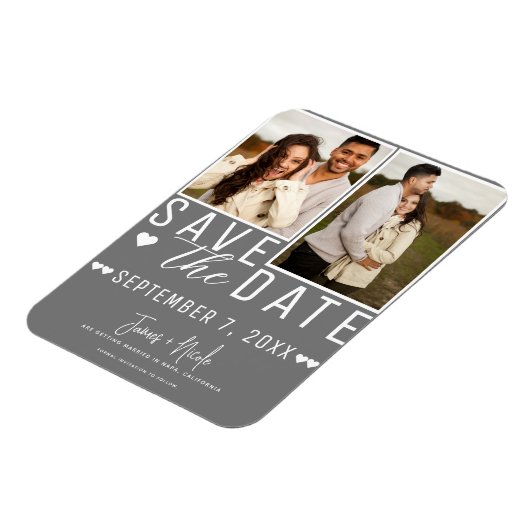 Modern Grijs & Wit Save the Date 2 Foto Bruiloft Magneet (Linkerzijde)