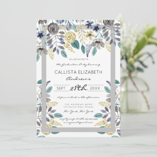 Modern Grijsgeel Bloemen Waterverf Afstuderen Kaart (Staand voorkant)