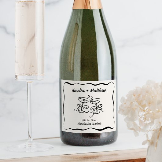 Modern & grillig Hand getrokken bruiloft Sparkling Wijnetiket