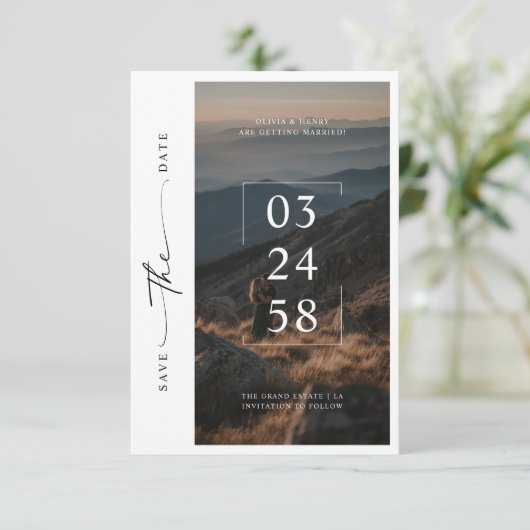 Modern grillig script Romantische foto budget brui Save The Date (Staand voorkant)