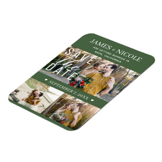 Modern Groen Bewaar de datum Bruiloft 3 Foto's Magneet (Linkerzijde)