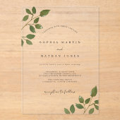 Modern groen blad duidelijk minimalistische bruilo acryl uitnodigingen (Voorkant)