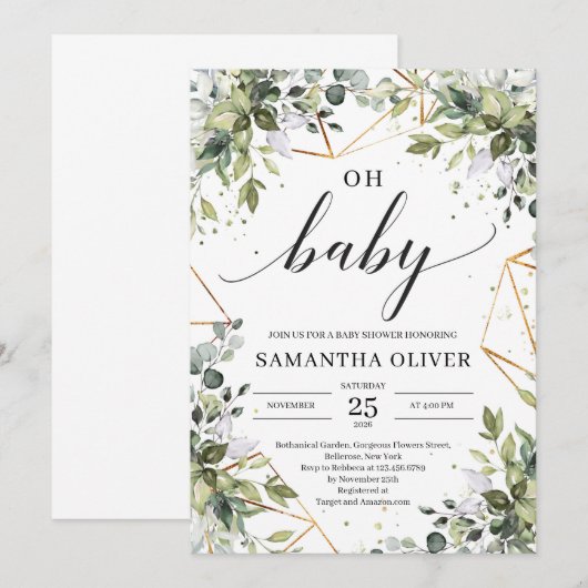 Modern groen blad en gouden lijsten op baby kaart (Voorkant / Achterkant)