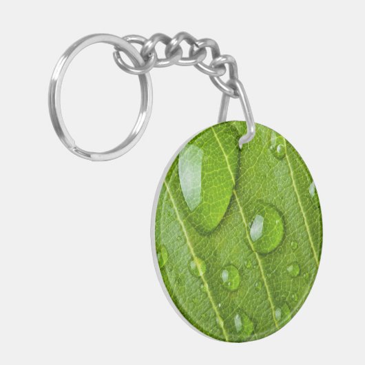 Modern groen blad met regendruppels sleutelhanger (Voorkant Links)