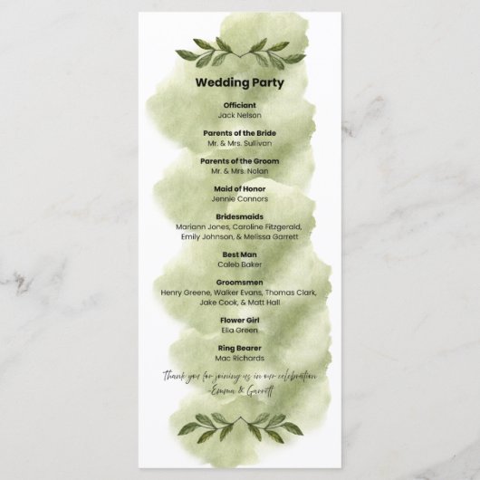 Modern groen blad minimalistisch trouwprogramma programmakaart (Achterkant)