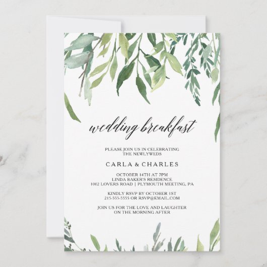 Modern groen bladeren bruiloft ontbijt kaart (Voorkant)
