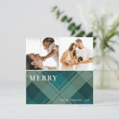 Modern Groen Blauw Geruit 2 Foto Prettig Kerstfees Feestdagenkaart (Staand voorkant)