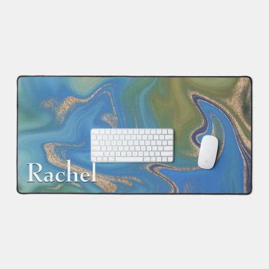 Modern Groen Blauw & Goud Marmeren Swirl Monogram Bureaumat (Keyboard & Muis)