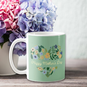 Modern Groen Blauw Hart Bloemen Moederdag Koffiemok