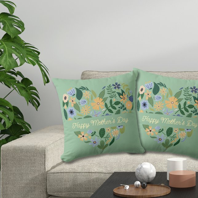 Modern Groen Blauw Hart Bloemen Moederdag Kussen (Creator heeft geüpload)
