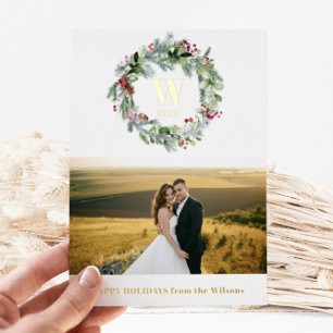 Modern groen bloemenkrans   Monogram 1 foto Folie Feestdagenkaart