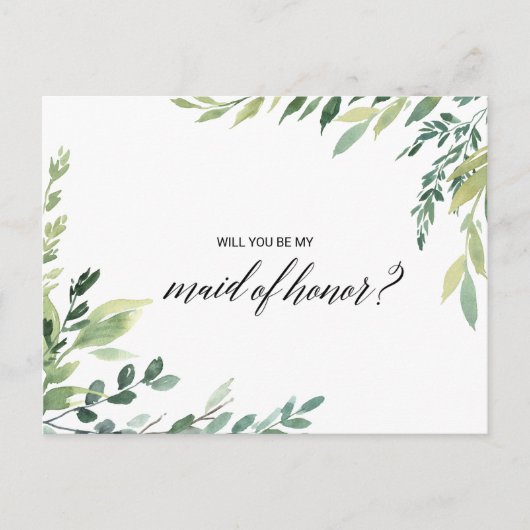 Modern groen Botanisch gebladerte Maid of Honor Uitnodiging Briefkaart (Voorkant)