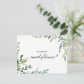 Modern groen Botanisch gebladerte Maid of Honor Uitnodiging Briefkaart (Staand voorkant)