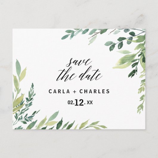 Modern groen Botanisch gebladerte Save the Date Briefkaart (Voorkant)