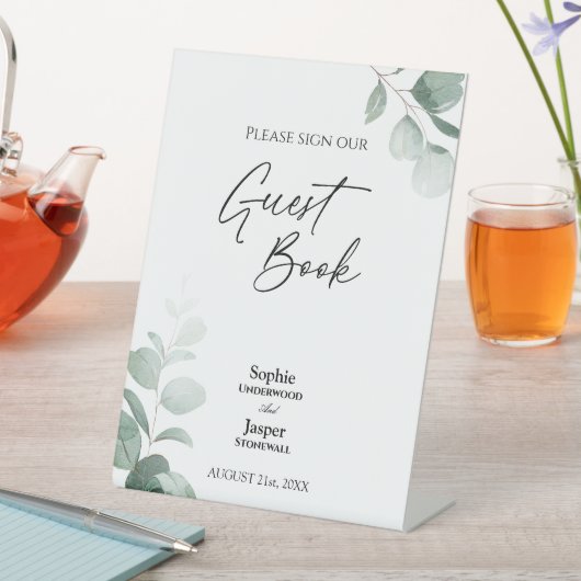 Modern groen bruiloft gast boek teken reclamebord met voetstuk (Insitu)