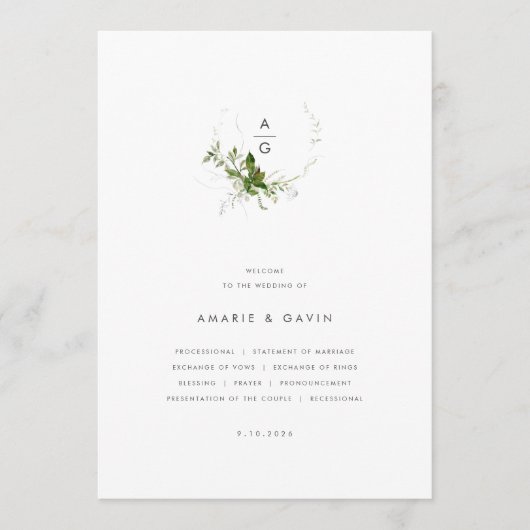 Modern groen bruiloft programma programmakaart (Voorkant)