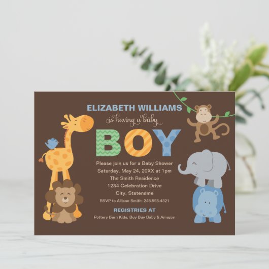 Modern Groen Bruin Oerwoud Dieren Jongen Baby show Kaart (Staand voorkant)