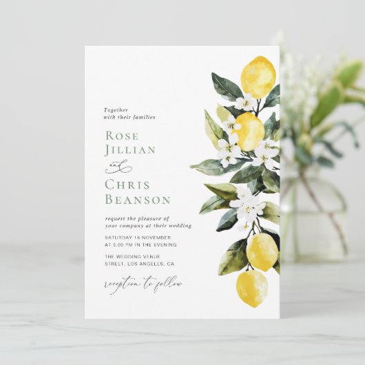 Modern groen citroen bloemenbruiloft kaart (Staand voorkant)