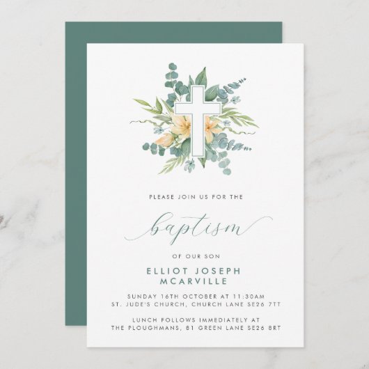 Modern groen cross script doop kaart (Voorkant / Achterkant)