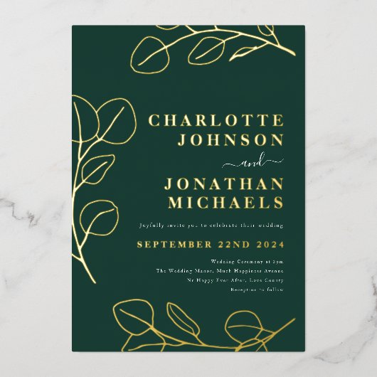 Modern groen eenvoudig groen goud folie uitnodiging (Voorkant)