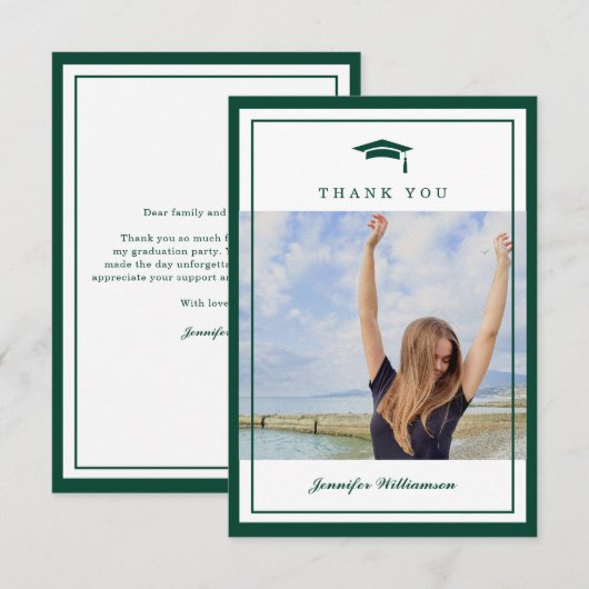 Modern Groen Elegant Script Afstuderen Foto Bedankkaart (Voorkant / Achterkant)