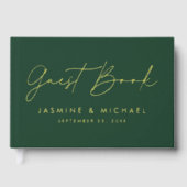 Modern groen en goud folie script foto bruiloft gastenboek (Voorkant)
