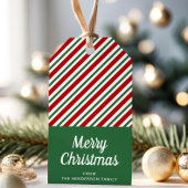 Modern groen en rood gestreepte kerst cadeaulabel