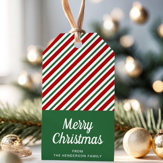Modern groen en rood gestreepte kerst cadeaulabel