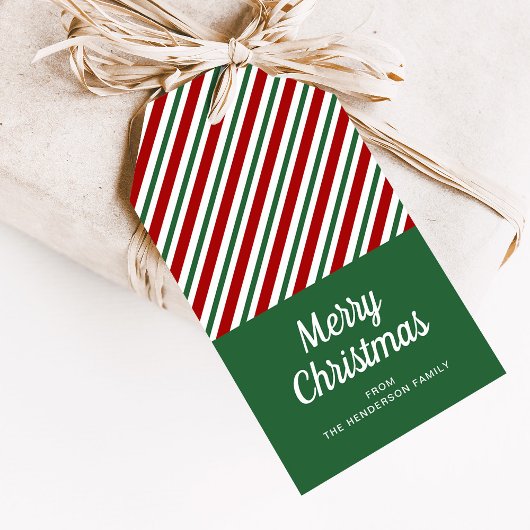 Modern groen en rood gestreepte kerst cadeaulabel