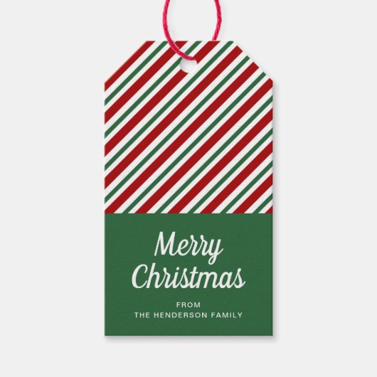 Modern groen en rood gestreepte kerst cadeaulabel (Voorkant)