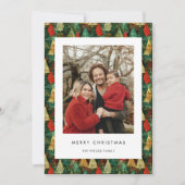 Modern groen en rood vrolijk kerstfeest familiefot feestdagenkaart (Voorkant)